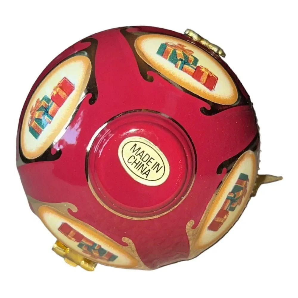 Valerie Parr Hill Christmas Egg Music Trinket Box Ornament Red Tree EUC